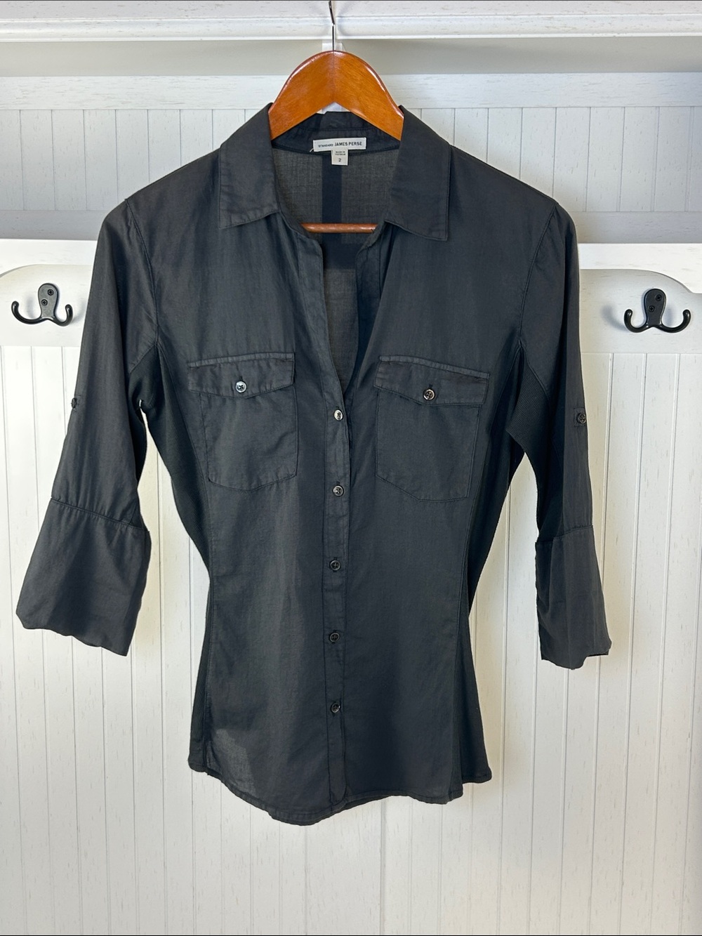 James Perse Gray Sheer Slub Button Up Shirt Medium Size 2